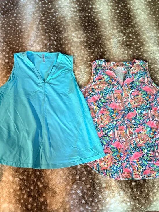Lulu-B Sleeveless Blouse Bundle L Teal V Neck + Pink Flamingo Tropical - Picture 2 of 9